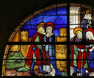 Raam met afbeelding van Sint Anna en Joachim bij de Gouden Poort door French School